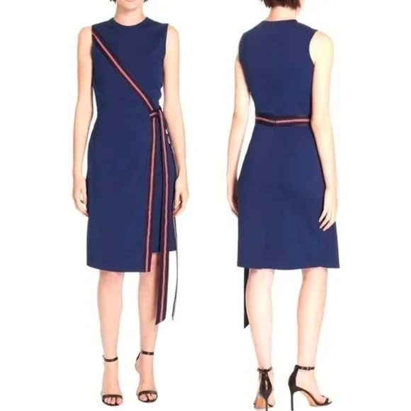 Diane Von Furstenberg DVF Lindsey Faux Wrap Satin Trimmed Shift Midi Dress - Picture 2 of 8